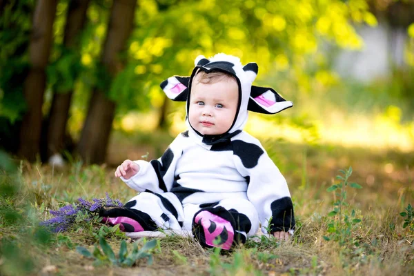 Year of the bull. A child in a fancy dress of a bull on a meadow smiles cute. Kid in Halloween Cow Costume