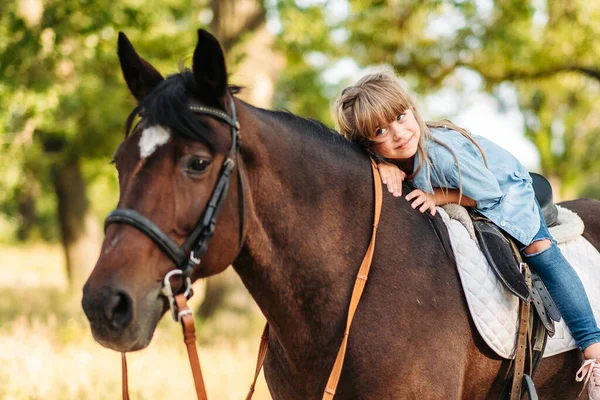 Cute Little Girl Long Hair Riding Horse Outdoors Pet Therapy — Stock Photo, Image