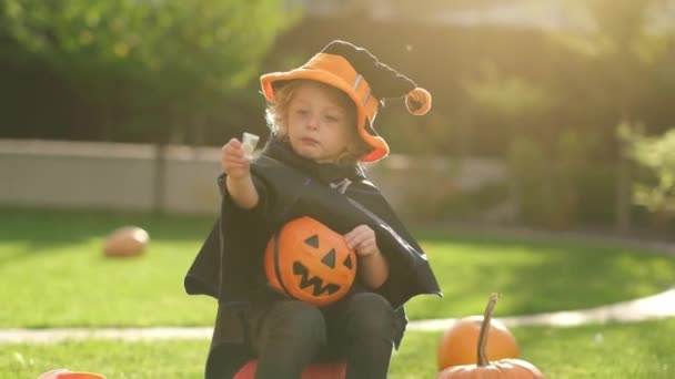 Children Eat Candy Halloween Portrait Caucasian Preschooler Boy Bat Costume — Stock Video