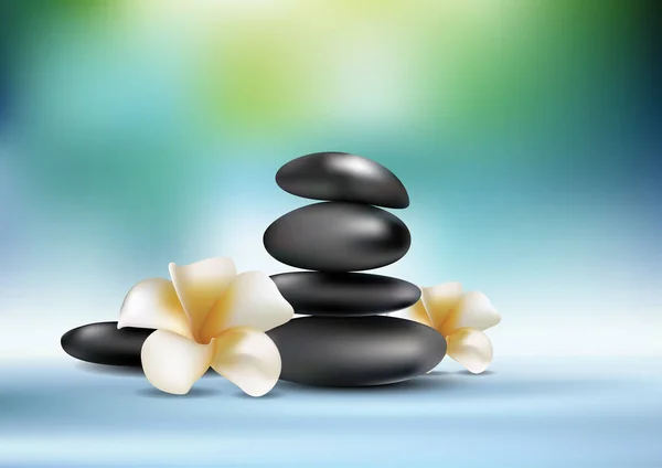 Wellness Hintergrund Mit Weißen Blumen Und Schwarzen Steinen Fokus — Stockvektor