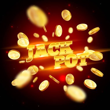 Altın kelime Jackpot, öznitelikleri, bir sikke patlama arka plan üzerinde kumar tarafından çevrili. Şans afiş, kumar, casino, poker, slot, rulet veya kemik için yeni, en iyi tasarım.