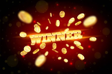 Altın kelime kazanan, öznitelikleri, bir patlama arka plan üzerinde kumar tarafından çevrili. Şans afiş, kumar, casino, poker, slot, rulet veya kemik için yeni, en iyi tasarım.