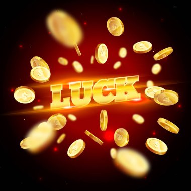 Altın kelime şans, öznitelikleri, bir patlama arka plan üzerinde kumar tarafından çevrili. Şans afiş, kumar, casino, poker, slot, rulet veya kemik için yeni, en iyi tasarım.