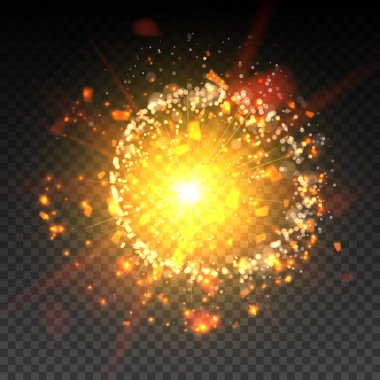 Goold glitter parçacıklar etkisi arka plan. Bir patlama siyah bir arka plan ışığı efekti. Vektör çizimi 3d, gerçekçi vektörünün, Eps 10