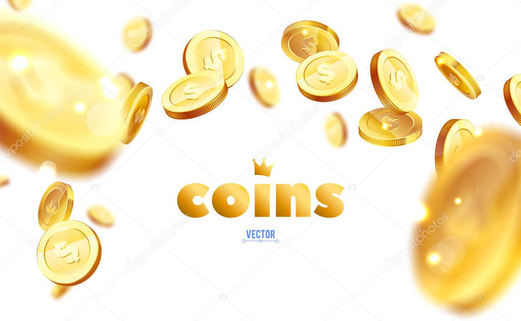 Realistic Gold coins explosion. Isolated on white background.