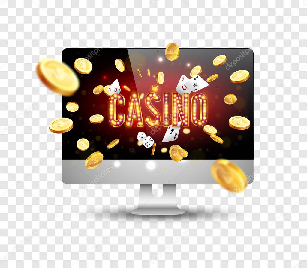 Bright banner for online casinos, poker, roulettes or slots. Coins are falling from the laptop. The big jackpot. You are the winner