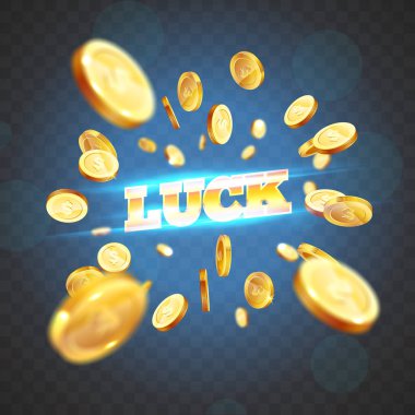 Altın kelime şans, öznitelikleri, bir patlama arka plan üzerinde kumar tarafından çevrili. Şans afiş, kumar, casino, poker, slot, rulet veya kemik için yeni, en iyi tasarım.