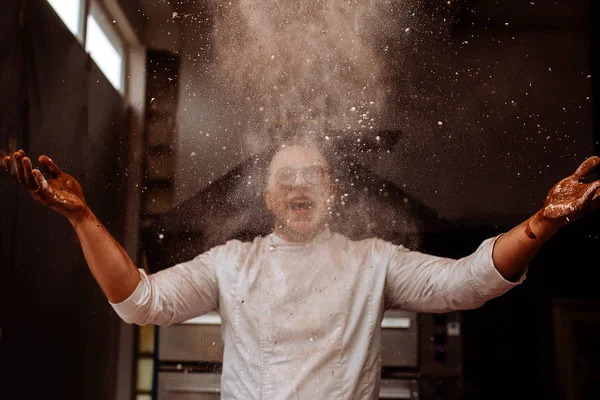 Chef Throws Flour Cocoa Kitchen While Cooking — Stock Photo, Image