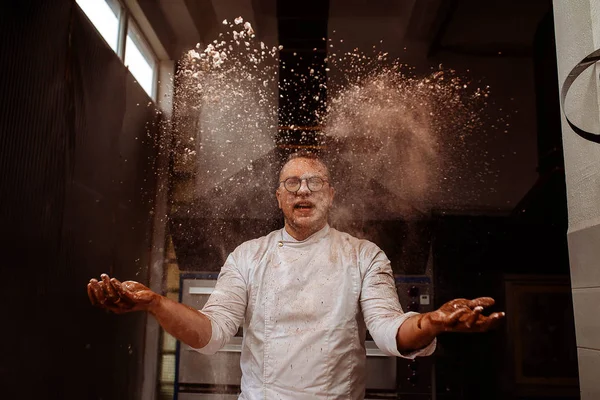 Chef Throws Flour Cocoa Kitchen While Cooking — Stock Photo, Image