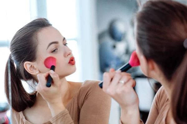 Closeup Portrait Woman Holds Cosmetic Brush Face — Stock Photo, Image