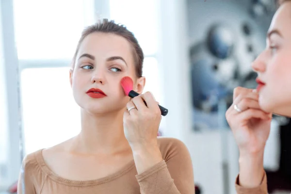 Closeup Portrait Woman Holds Cosmetic Brush Face — Stock Photo, Image