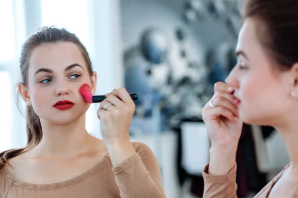 Closeup Portrait Woman Holds Cosmetic Brush Face — Stock Photo, Image