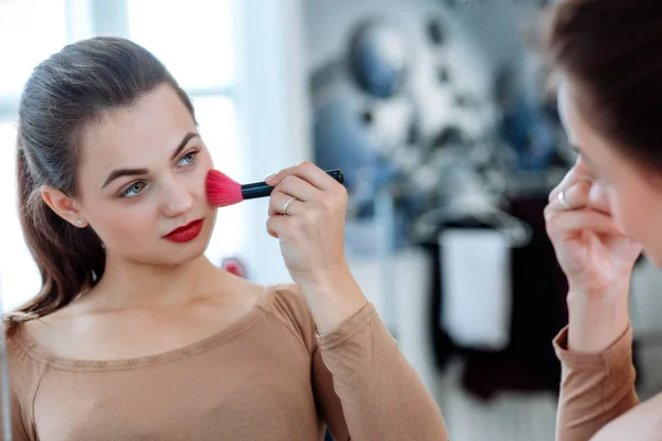 Closeup Portrait Woman Holds Cosmetic Brush Face — Stock Photo, Image