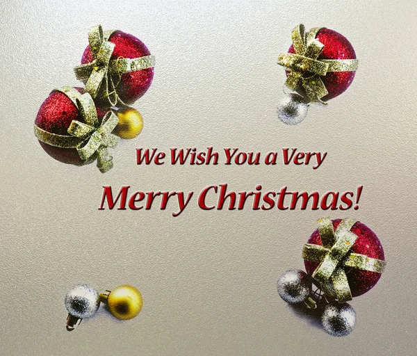 Merry Christmas Card with Metallic Background and Red Gold Balls for Seasons Greetings