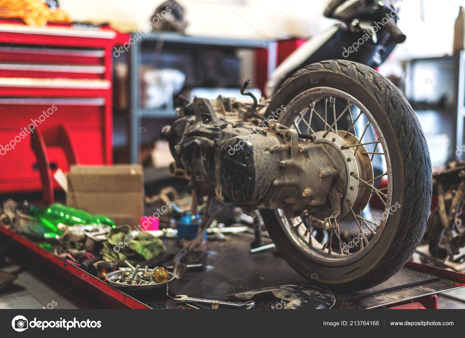 Motorcycle Repair Station Soft Focus Light Background — Stock