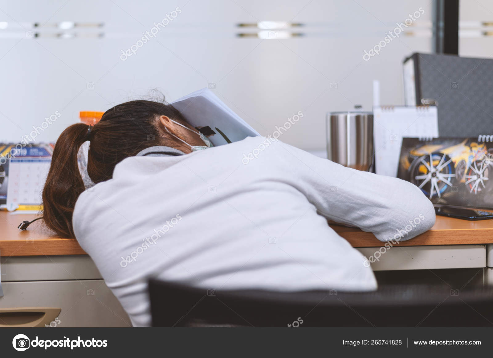 Young Business Girl Sleeping Desk Office Soft Focus Light