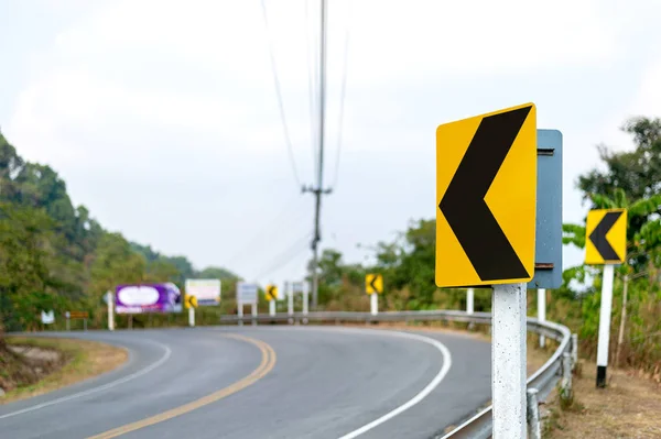 Closeup Traffic Signs Curve Road Soft Focus Light Background — Stock Photo, Image