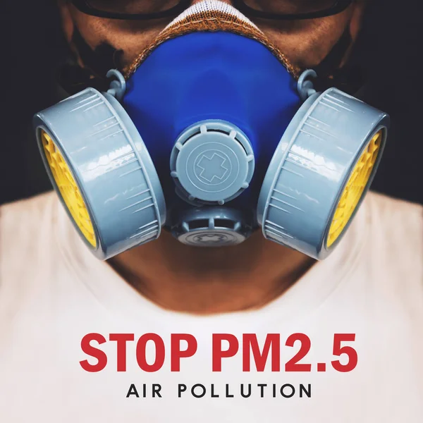 stop PM2.5 banner. closeup men wearing respirator mask industrial cartridge filter anti-dust safety chemical with soft-focus and over light in the background
