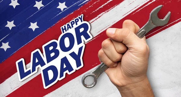 wrench in hand workers. flag USA background design for happy labor day. space for text