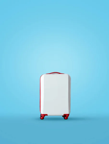 Travel Concept Closeup White Luggage Bag Blue Background — Stok fotoğraf