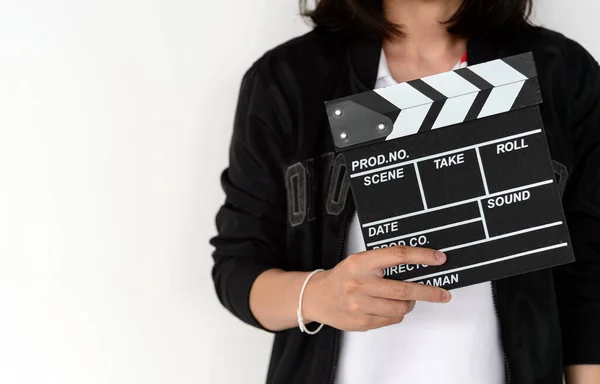Closeup Woman Hands Holding Film Clapper Soft Focus Light Background — Stok fotoğraf