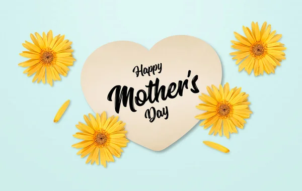 Happy Mother Day Heart Paper Yellow Gerbera Flower Blue Wood — Stockfoto