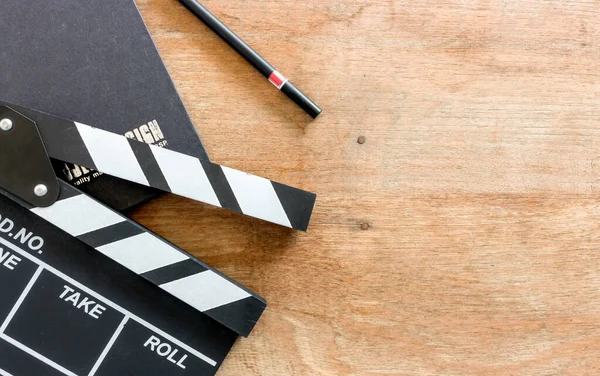 Film Director Desk Clapboard Book Digital Camera Wood Table Soft — Stok fotoğraf