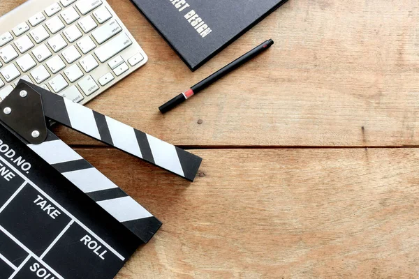 Film Director Desk Clapboard Book Digital Camera Wood Table Soft — Stok fotoğraf