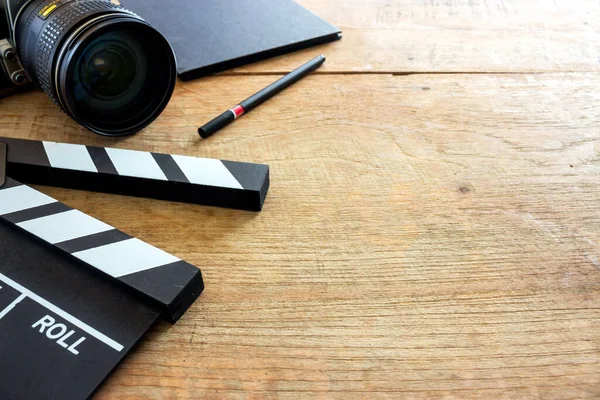 Film Director Desk Clapboard Book Digital Camera Wood Table Soft — Stok fotoğraf