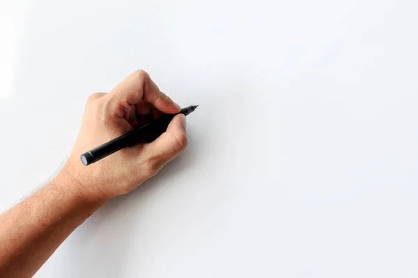 Mão Homem Escrevendo Sobre Fundo Branco Sobre Luz — Fotografia de Stock