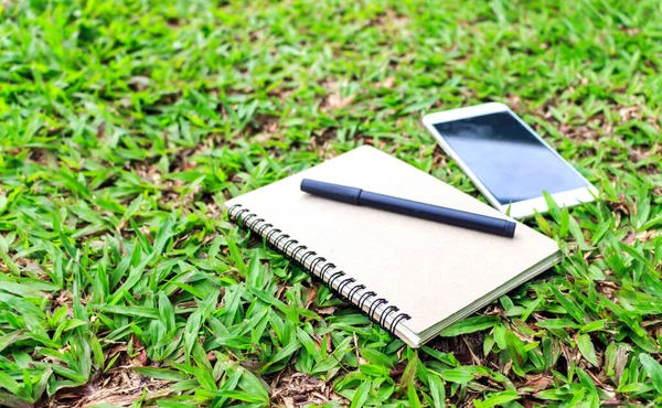book and smartphone on green grass with soft-focus and over light in the background
