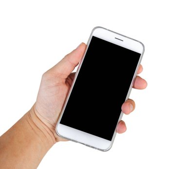 Beyaz cep telefonunu boş siyah ekranla tutan ellerin görüntüsü. kırpma yolu