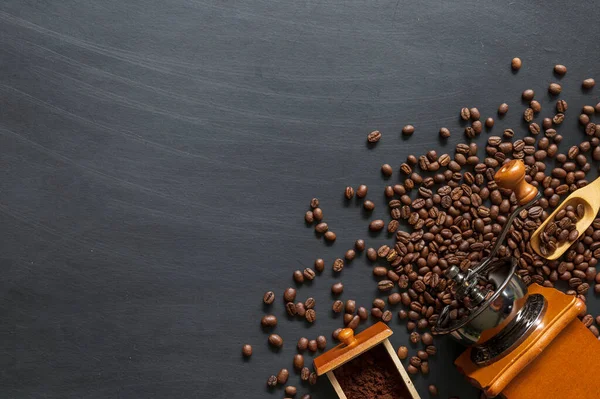 Coffee Bean Black Wooden Floor Background Top View Space Text — Stock Photo, Image