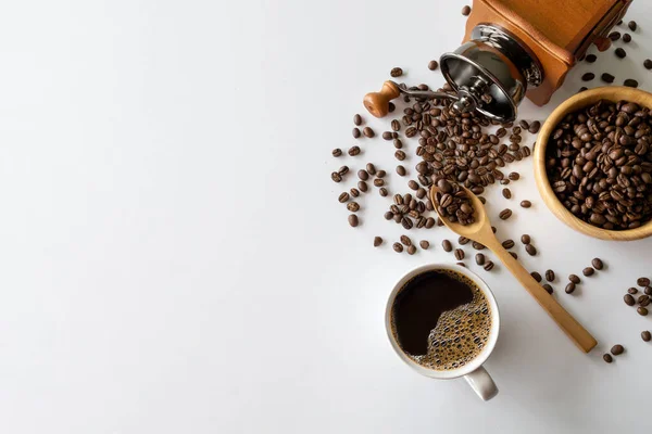 Hot Coffee Bean Hand Grinder White Table Background Space Text — Stock Photo, Image