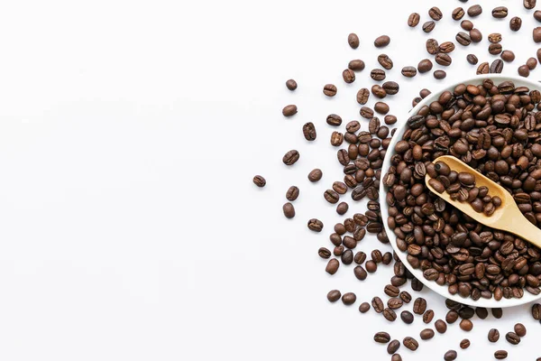 kahve çekirdeği beyaz masa arkasında. Üst Manzara. Metin için boşluk