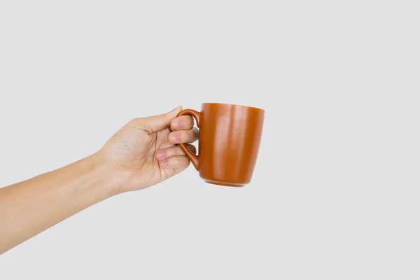 Primer Plano Mano Sosteniendo Taza Café Fondo Blanco Con Enfoque —  Fotos de Stock