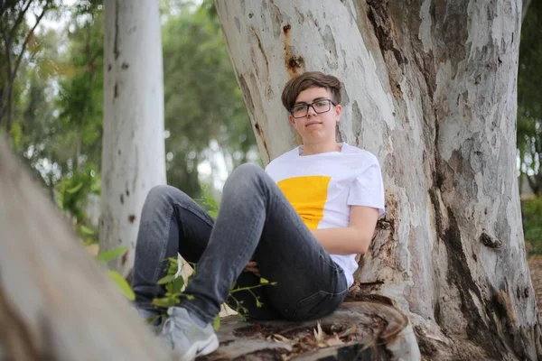 Portrait Teen Boy Glasses Tree — Stock Photo, Image