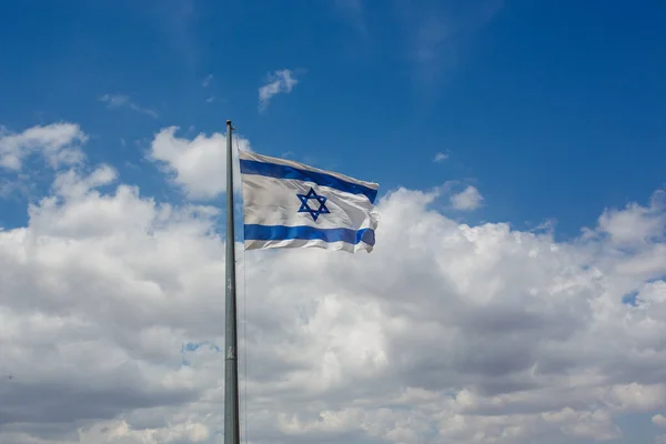 Blauw Witte Nationale Vlag Van Israël Waait Wind — Stockfoto