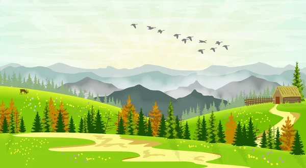 Vetor Ilustração Uma Paisagem Primavera Simples — Vetor de Stock