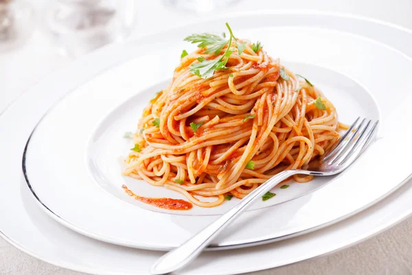 Plate Pasta Homemade Tomato Sauce Parsley — Stock Photo, Image