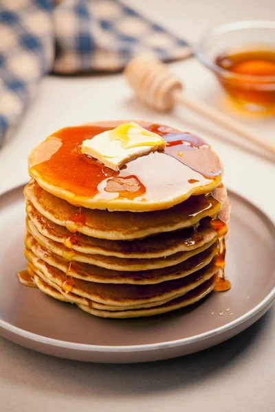 Bunch Homemade Pancakes Butter Honey — Stock Photo, Image