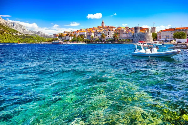 Vista Beira Mar Cidade Velha Korcula Ilha Histórica Destino Europeu — Fotografia de Stock