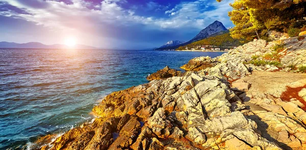 Amazing Panorama Adriatic Sea Sunlight Blue Sky Dramatic Picturesque Scene — Stock Photo, Image