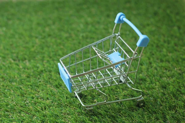 Shopping cart model on artificial grass background soft focus.