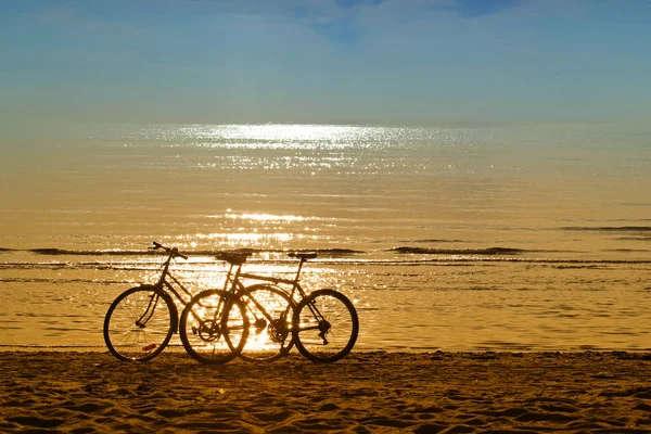 Dwa Rowery Sylwetki Stojące Piasku Pobliżu Brzegu Wody Plaży Piękne — Zdjęcie stockowe