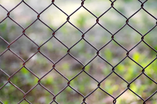 庭の古い金属製のフェンスを閉じます セキュリティと安全の概念 — ストック写真