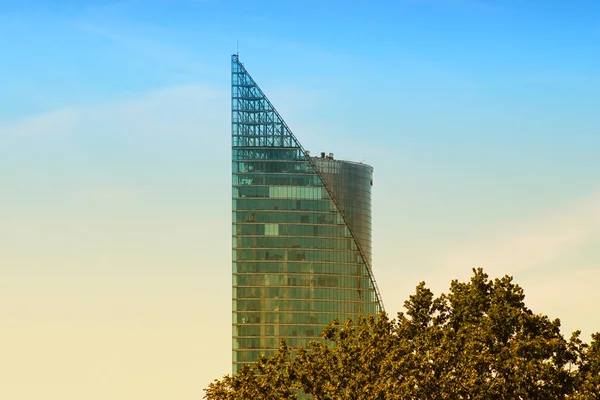 Edificio Uffici Superiore Una Parte Albero Verde Isolato Cielo Blu — Foto Stock