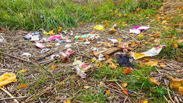 Σωρός Σκουπιδιών Στο Γρασίδι Του Φθινοπωρινού Πάρκου Μπουκαλάκια Πλαστικά Και — Φωτογραφία Αρχείου