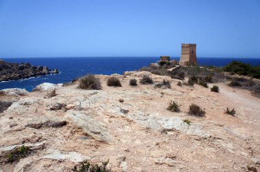 Panorama Ghajn Tuffieha liman ve plaj, Golden Bay, Malta