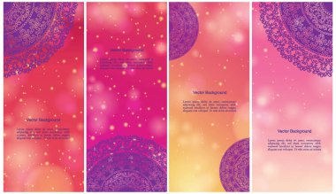 Hint ülke süsleme illüstrasyon kavramı kümesi. Etnik ve renkli kına Mandala tasarım, festival ve glitter bokeh arka plan.